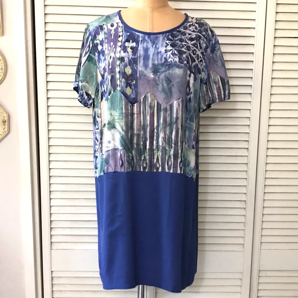 Naturally Yours Honolulu Womens Vintage Dress Large Blue Pockets Batik Style VTG